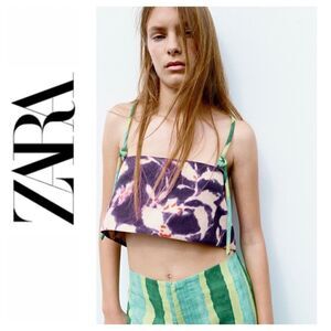 NWT Zara Floral Linen Blend Straight Neckline Spaghetti Strap Knot Detail Top